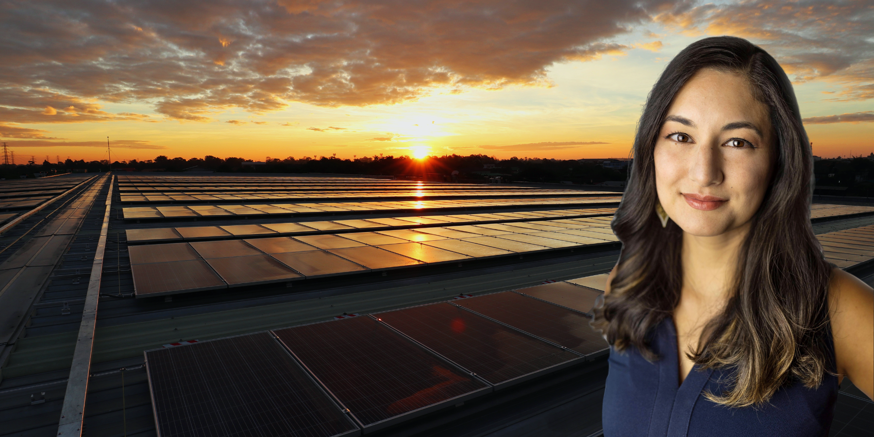 Solar Ready Vets program corporate fellow Serena Hahn, over a background image of a sun setting over solar panels.
